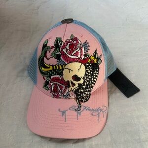 NWT Ed Hardy pink and blue rhinestone trucker hat